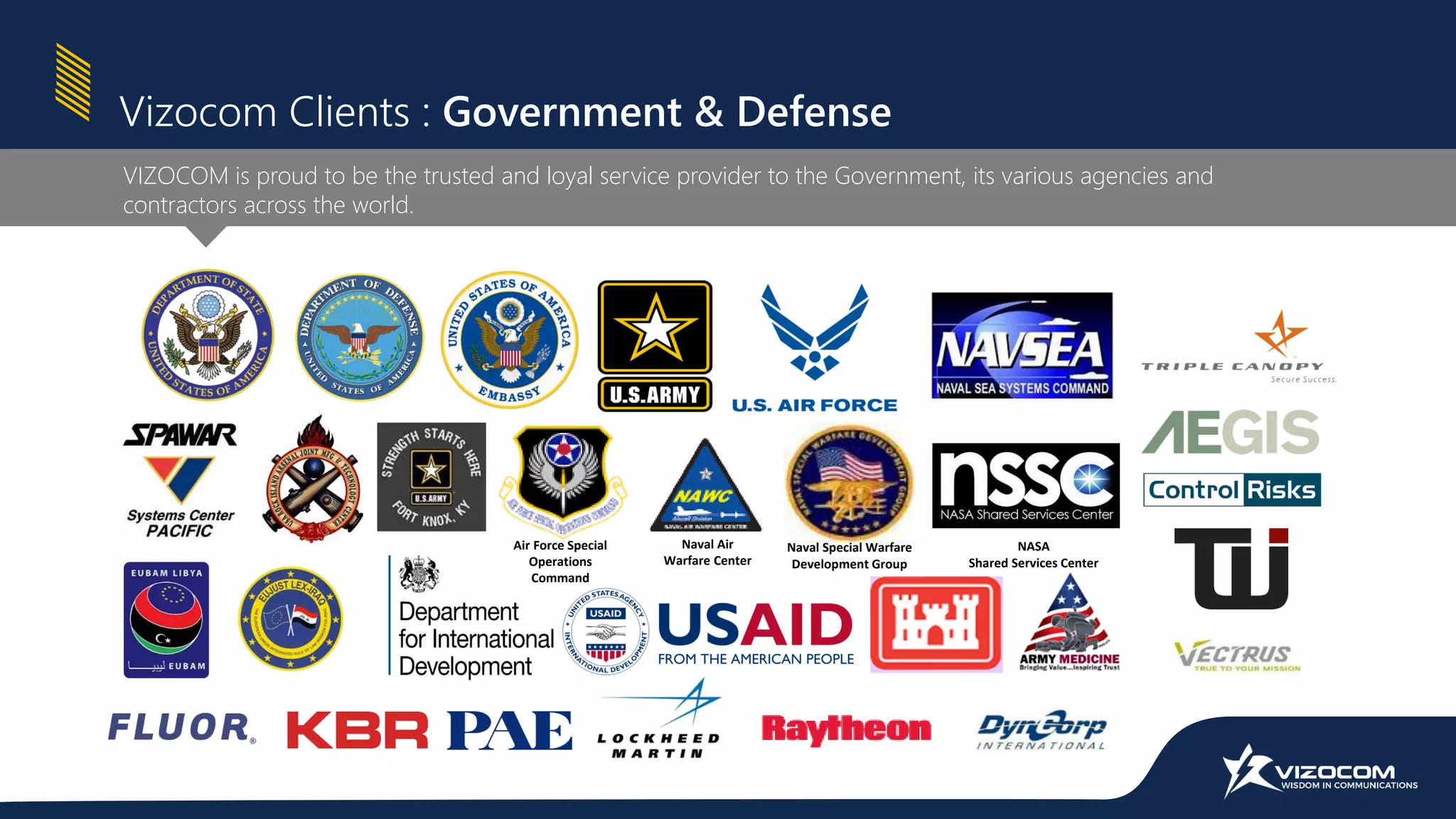 Air Force Special
Operations
Command
Naval Air
Warfare Center
Naval Special Warfare
Development Group
NASA
Shared Services Center
Vizocom Clients : Government & Defense
VIZOCOM is proud to be the trusted and loyal service provider to the Government, its various agencies and
contractors across the world.
 