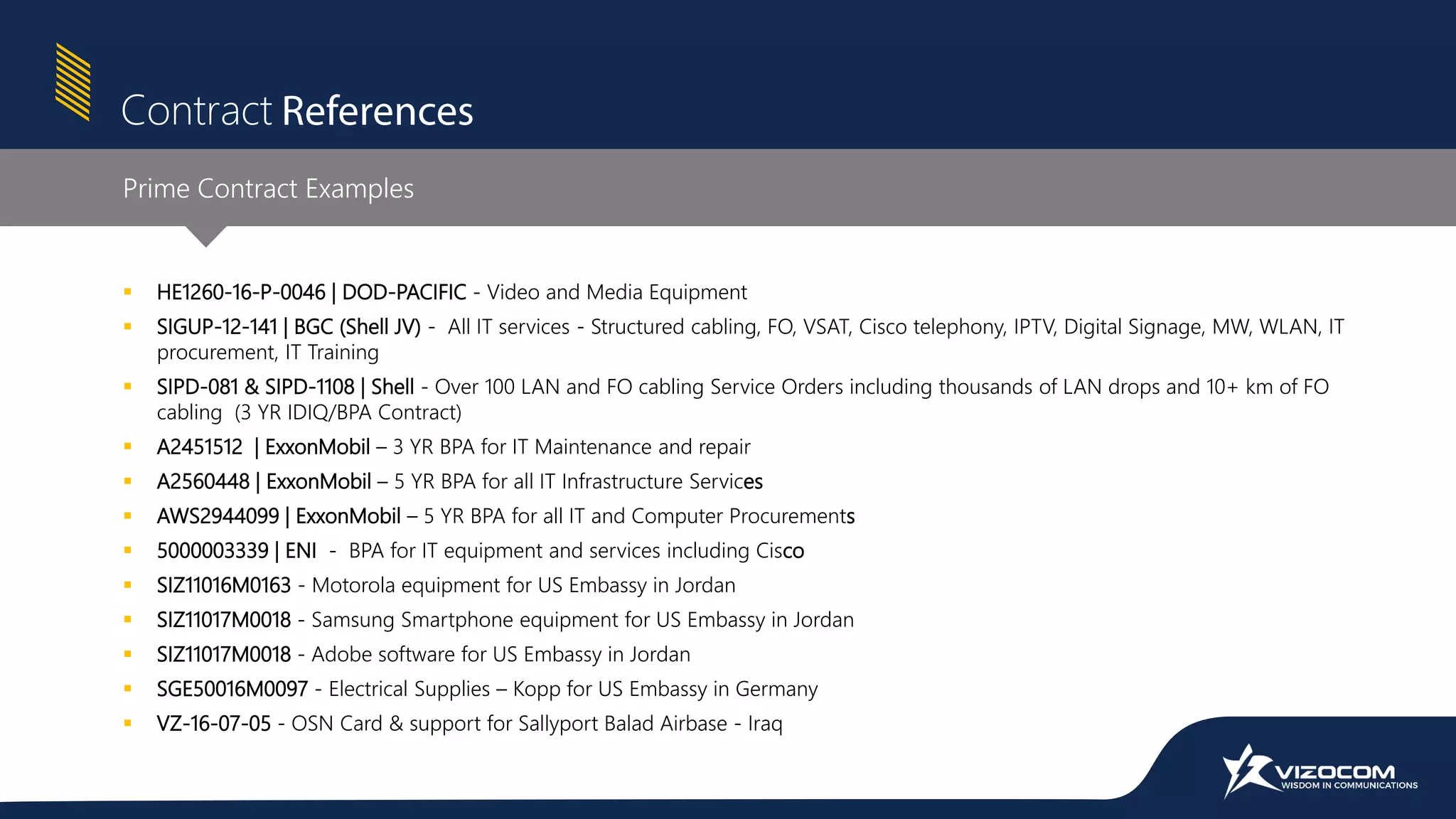  HE1260-16-P-0046 | DOD-PACIFIC - Video and Media Equipment
 SIGUP-12-141 | BGC (Shell JV) - All IT services - Structured cabling, FO, VSAT, Cisco telephony, IPTV, Digital Signage, MW, WLAN, IT
procurement, IT Training
 SIPD-081 & SIPD-1108 | Shell - Over 100 LAN and FO cabling Service Orders including thousands of LAN drops and 10+ km of FO
cabling (3 YR IDIQ/BPA Contract)
 A2451512 | ExxonMobil – 3 YR BPA for IT Maintenance and repair
 A2560448 | ExxonMobil – 5 YR BPA for all IT Infrastructure Services
 AWS2944099 | ExxonMobil – 5 YR BPA for all IT and Computer Procurements
 5000003339 | ENI - BPA for IT equipment and services including Cisco
 SIZ11016M0163 - Motorola equipment for US Embassy in Jordan
 SIZ11017M0018 - Samsung Smartphone equipment for US Embassy in Jordan
 SIZ11017M0018 - Adobe software for US Embassy in Jordan
 SGE50016M0097 - Electrical Supplies – Kopp for US Embassy in Germany
 VZ-16-07-05 - OSN Card & support for Sallyport Balad Airbase - Iraq
Prime Contract Examples
Contract
 