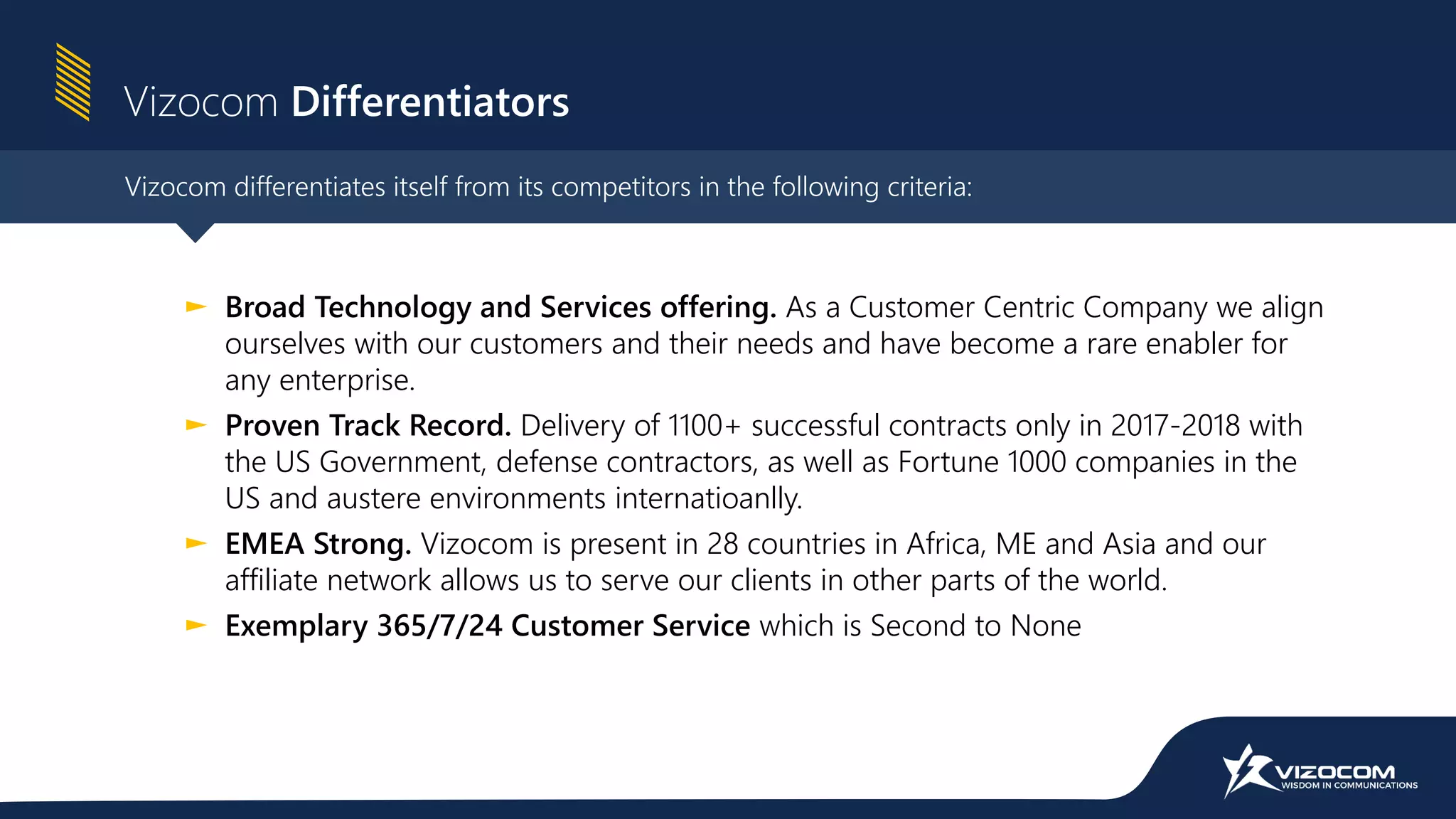 Vizocom Differentiators
► Broad Technology and Services offering. As a Customer Centric Company we align
ourselves with our customers and their needs and have become a rare enabler for
any enterprise.
► Proven Track Record. Delivery of 1100+ successful contracts only in 2017-2018 with
the US Government, defense contractors, as well as Fortune 1000 companies in the
US and austere environments internatioanlly.
► EMEA Strong. Vizocom is present in 28 countries in Africa, ME and Asia and our
affiliate network allows us to serve our clients in other parts of the world.
► Exemplary 365/7/24 Customer Service which is Second to None
Vizocom differentiates itself from its competitors in the following criteria:
 