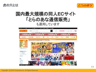 Copyright  (C) 2019 Toranoana Inc. All Rights Reserved.
虎の穴とは
国内最大規模の同人ECサイト
「とらのあな通信販売」
も運用しています
11
 