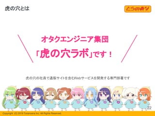 Copyright  (C) 2019 Toranoana Inc. All Rights Reserved.
オタクエンジニア集団
「虎の穴ラボ」です！
虎の穴の社員で通販サイトを含むWebサービスを開発する専門部署です
22
虎の穴とは
 