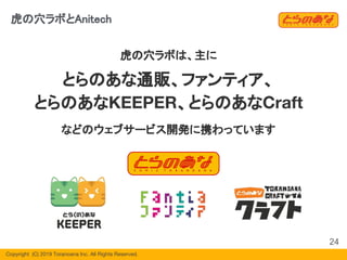 Copyright  (C) 2019 Toranoana Inc. All Rights Reserved.
虎の穴ラボは、主に
とらのあな通販、ファンティア、
とらのあなKEEPER、とらのあなCraft
などのウェブサービス開発に携わっています
虎の穴ラボとAnitech
24
 