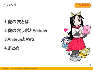 Copyright  (C) 2019 Toranoana Inc. All Rights Reserved.
アジェンダ
1.虎の穴とは
2.虎の穴ラボとAnitech
3.AnitechとAWS
4.まとめ
3
 