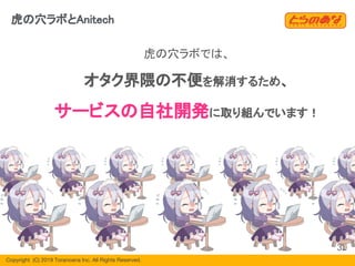 Copyright  (C) 2019 Toranoana Inc. All Rights Reserved.
虎の穴ラボでは、
オタク界隈の不便を解消するため、
サービスの自社開発に取り組んでいます！
32
虎の穴ラボとAnitech
 