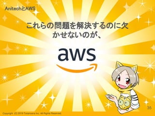 Copyright  (C) 2019 Toranoana Inc. All Rights Reserved.
AnitechとAWS
これらの問題を解決するのに欠
かせないのが、
35
 