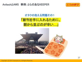 Copyright  (C) 2019 Toranoana Inc. All Rights Reserved.
37
AnitechとAWS　事例: とらのあなKEEPER
オタクの抱える問題その１
「新刊を手に入れるために、
朝から並ぶのが辛い…」
 