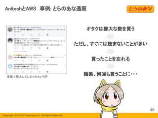 Copyright  (C) 2019 Toranoana Inc. All Rights Reserved.
AnitechとAWS　事例: とらのあな通販
オタクは膨大な数を買う
ただし、すぐには読まないことが多い
買ったことを忘れる
結果、何回も買うことに・・・
48
重複で購入してしまったという声
 