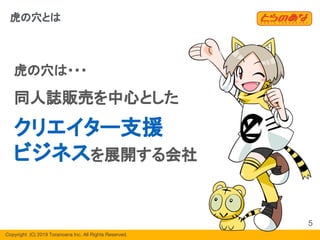 Copyright  (C) 2019 Toranoana Inc. All Rights Reserved.
虎の穴は・・・
同人誌販売を中心とした
クリエイター支援
ビジネスを展開する会社
虎の穴とは
5
 