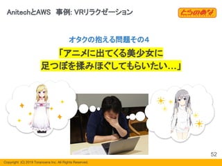 Copyright  (C) 2019 Toranoana Inc. All Rights Reserved.
AnitechとAWS　事例: VRリラクゼーション
52
オタクの抱える問題その４
「アニメに出てくる美少女に
足つぼを揉みほぐしてもらいたい…」
 