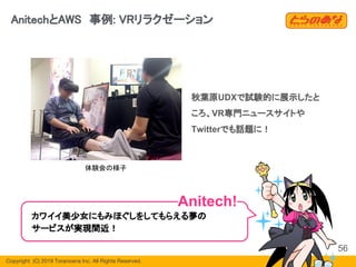 Copyright  (C) 2019 Toranoana Inc. All Rights Reserved.
AnitechとAWS　事例: VRリラクゼーション
56
体験会の様子
カワイイ美少女にもみほぐしをしてもらえる夢の
サービスが実現間近！
Anitech!
秋葉原UDXで試験的に展示したと
ころ、VR専門ニュースサイトや
Twitterでも話題に！
 