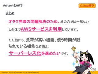 Copyright  (C) 2019 Toranoana Inc. All Rights Reserved.
68
AnitechとAWS
オタク界隈の問題解決のため、虎の穴では一部ない
し全体でAWSサービスを利用しています。
まとめ
ただ他にも、負荷が高い機能、使う時間が限
られている機能などでは、
サーバーレス化を進めたいです。
 