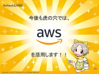 Copyright  (C) 2019 Toranoana Inc. All Rights Reserved.
AnitechとAWS
今後も虎の穴では、
69
を活用します！！
 