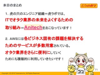 Copyright  (C) 2019 Toranoana Inc. All Rights Reserved.
１．虎の穴のエンジニア組織＝虎ラボでは、
ITでオタク業界の未来をよくするための
取り組み＝Anitechをおこなっています！
本日のまとめ
２．AWSには各ビジネス固有の課題を解決する
ためのサービスが多数用意されている。
オタク業界をさらに便利にしていく
ためにも積極的に利用していきたいです！
71
 