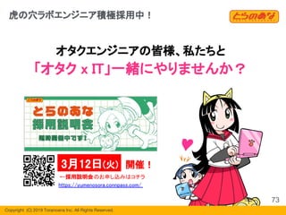 Copyright  (C) 2019 Toranoana Inc. All Rights Reserved.
虎の穴ラボエンジニア積極採用中！
オタクエンジニアの皆様、私たちと
「オタク x IT」一緒にやりませんか？
https://yumenosora.connpass.com/
3月12日(火) 開催！
←採用説明会のお申し込みはコチラ
73
 