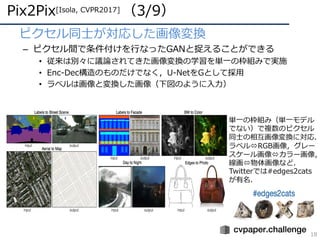 Pix2Pix[Isola, CVPR2017] （3/9）
18
• ピクセル同⼠が対応した画像変換
– ピクセル間で条件付けを⾏なったGANと捉えることができる
• 従来は別々に議論されてきた画像変換の学習を単⼀の枠組みで実施
• Enc-Dec構造のものだけでなく，U-NetをGとして採⽤
• ラベルは画像と変換した画像（下図のように⼊⼒）
単⼀の枠組み（単⼀モデル
でない）で複数のピクセル
同⼠の相互画像変換に対応．
ラベルóRGB画像，グレー
スケール画像óカラー画像，
線画ó物体画像など．
Twitterでは#edges2cats
が有名．
 