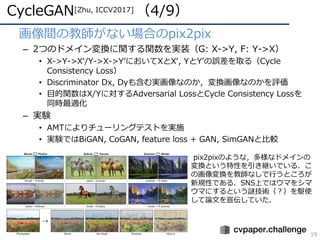 CycleGAN[Zhu, ICCV2017] （4/9）
19
• 画像間の教師がない場合のpix2pix
– 2つのドメイン変換に関する関数を実装（G: X->Y, F: Y->X）
• X->Y->Xʻ/Y->X->YʼにおいてXとXʻ, YとYʼの誤差を取る（Cycle
Consistency Loss）
• Discriminator Dx, Dyも含む実画像なのか，変換画像なのかを評価
• ⽬的関数はX/Yに対するAdversarial LossとCycle Consistency Lossを
同時最適化
– 実験
• AMTによりチューリングテストを実施
• 実験ではBiGAN, CoGAN, feature loss + GAN, SimGANと⽐較
pix2pixのような，多様なドメインの
変換という特性を引き継いでいる．こ
の画像変換を教師なしで⾏うところが
新規性である．SNS上ではウマをシマ
ウマにするという謎技術（？）を駆使
して論⽂を宣伝していた．
 