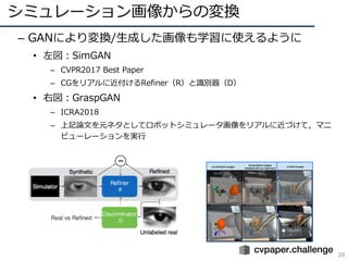 シミュレーション画像からの変換
38
– GANにより変換/⽣成した画像も学習に使えるように
• 左図：SimGAN
– CVPR2017 Best Paper
– CGをリアルに近付けるRefiner（R）と識別器（D）
• 右図：GraspGAN
– ICRA2018
– 上記論⽂を元ネタとしてロボットシミュレータ画像をリアルに近づけて，マニ
ピューレーションを実⾏
 