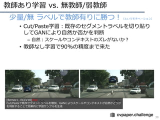 教師あり学習 vs. 無教師/弱教師
39
• 少量/無 ラベルで教師有りに勝つ！（というモチベーション）
• Cut/Paste学習：既存のセグメントラベルを切り貼り
してGANにより⾃然か否かを判断
– ⾃然：スケールやコンテキストのズレがないか？
• 教師なし学習で90%の精度まで来た
[Remez+, ECCV18]Oral
Cut/Pasteで既存セグメントラベルを増加，GANによりスケールやコンテキストが⾃然かどうか
を判断することで効果的に学習サンプルを⽣成
 