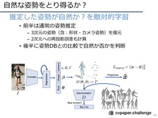 ⾃然な姿勢をとり得るか？
40
• 推定した姿勢が⾃然か？を敵対的学習
• 前半は通常の姿勢推定
– 3次元の姿勢（含：形状・カメラ姿勢）を復元
– 2次元への再投影誤差も計算
• 後半に姿勢DBとの⽐較で⾃然か否かを判断
 