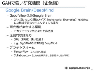 GANで強い研究機関（企業編）
45
• Google Brain/DeepMind
– Goodfellow⽒@Google Brain
• GANだけでなく摂動ノイズ（Adversarial Examples）を始めと
した機械学習のセキュリティにも注⼒
– 研究者が集合する環境
• アカデミックに残るよりも⾼待遇
– 圧倒的な計算⼒
• GPU（TPU?）使い放題？
• e.g. BigGANの512TPU@DeepMind
– プラットフォーム
• TensorFlow（これは良く⾒る）
• Collaboratory（こちらは研究者は恩恵受けてるか不明）
 