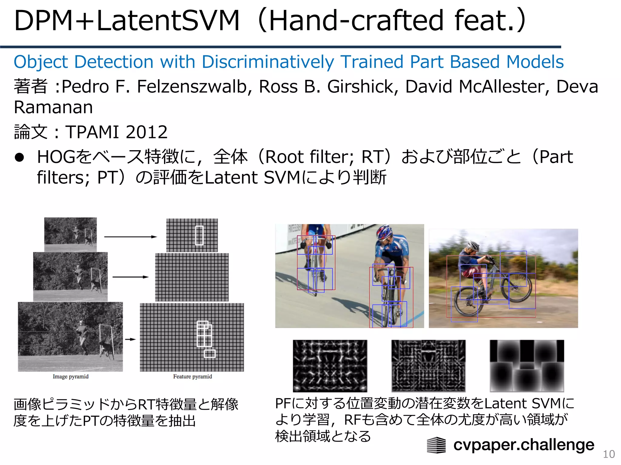 DPM+LatentSVM（Hand-crafted feat.）
10
Object Detection with Discriminatively Trained Part Based Models
著者 :Pedro F. Felzenszwalb, Ross B. Girshick, David McAllester, Deva
Ramanan
論⽂：TPAMI 2012
l HOGをベース特徴に，全体（Root filter; RT）および部位ごと（Part
filters; PT）の評価をLatent SVMにより判断
画像ピラミッドからRT特徴量と解像
度を上げたPTの特徴量を抽出
PFに対する位置変動の潜在変数をLatent SVMに
より学習，RFも含めて全体の尤度が⾼い領域が
検出領域となる
 