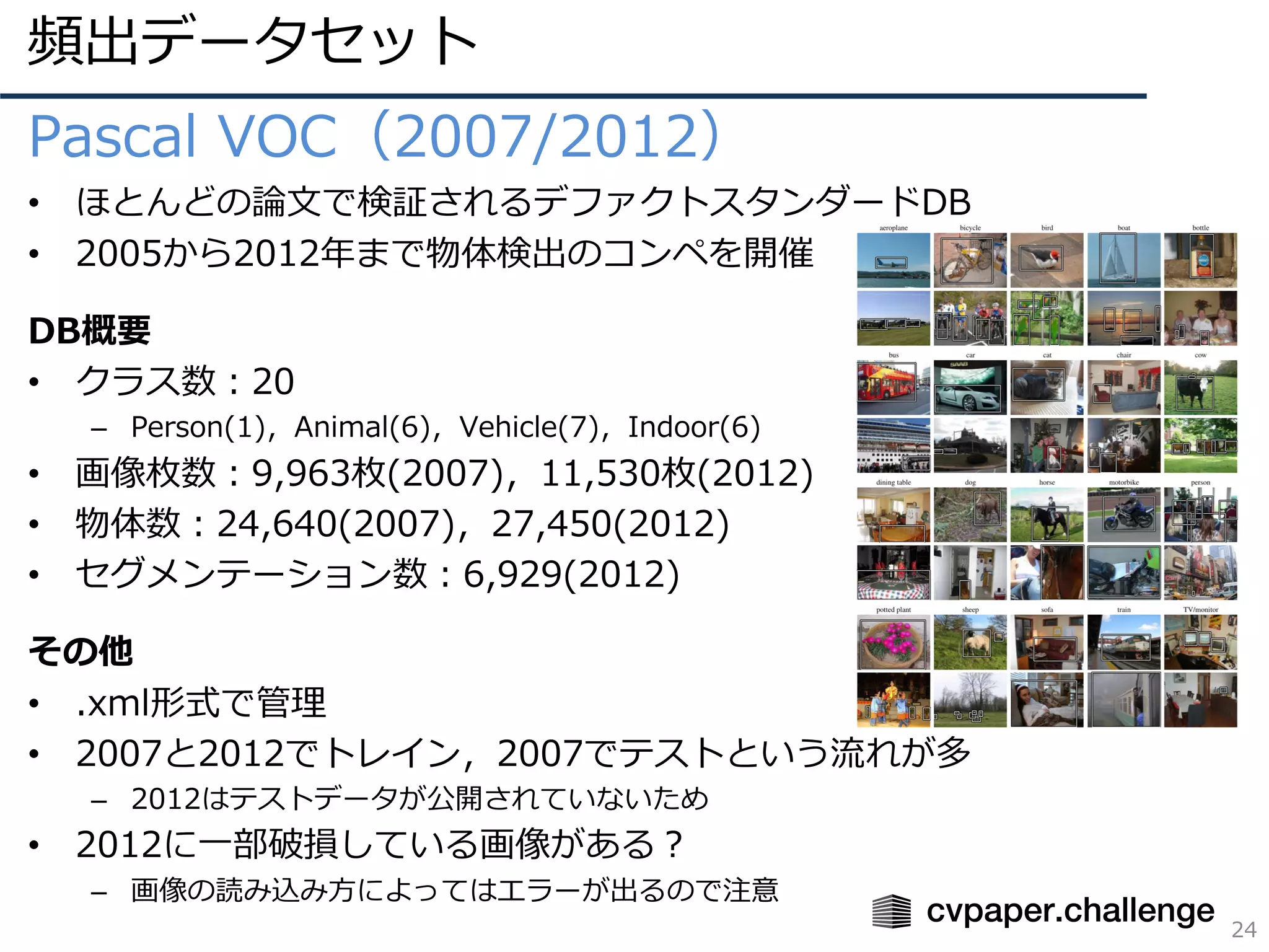 頻出データセット
24
Pascal VOC（2007/2012）
• ほとんどの論⽂で検証されるデファクトスタンダードDB
• 2005から2012年まで物体検出のコンペを開催
DB概要
• クラス数：20
– Person(1)，Animal(6)，Vehicle(7)，Indoor(6)
• 画像枚数：9,963枚(2007)，11,530枚(2012)
• 物体数：24,640(2007)，27,450(2012)
• セグメンテーション数：6,929(2012)
その他
• .xml形式で管理
• 2007と2012でトレイン，2007でテストという流れが多
– 2012はテストデータが公開されていないため
• 2012に⼀部破損している画像がある？
– 画像の読み込み⽅によってはエラーが出るので注意
 