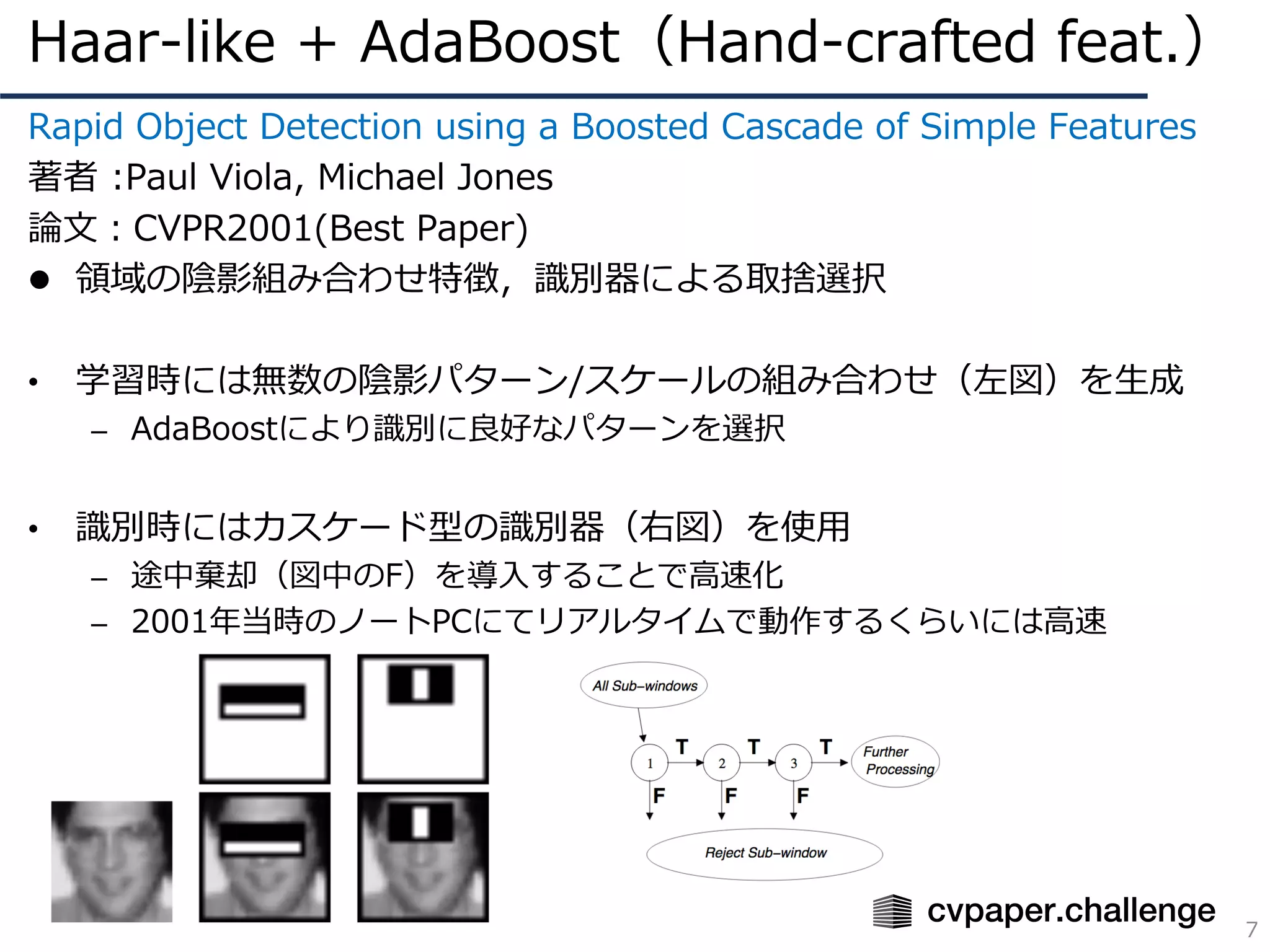 Haar-like + AdaBoost（Hand-crafted feat.）
7
Rapid Object Detection using a Boosted Cascade of Simple Features
著者 :Paul Viola, Michael Jones
論⽂：CVPR2001(Best Paper)
l 領域の陰影組み合わせ特徴，識別器による取捨選択
• 学習時には無数の陰影パターン/スケールの組み合わせ（左図）を⽣成
– AdaBoostにより識別に良好なパターンを選択
• 識別時にはカスケード型の識別器（右図）を使⽤
– 途中棄却（図中のF）を導⼊することで⾼速化
– 2001年当時のノートPCにてリアルタイムで動作するくらいには⾼速
 