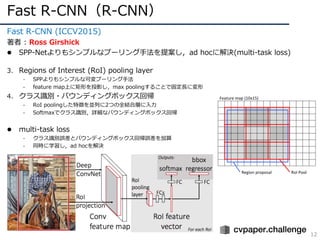 Fast R-CNN（R-CNN）
12
Fast R-CNN (ICCV2015)
著者 : Ross Girshick
l SPP-Netよりもシンプルなプーリング⼿法を提案し，ad hocに解決(multi-task loss)
3. Regions of Interest (RoI) pooling layer
- SPPよりもシンプルな可変プーリング⼿法
- feature map上に矩形を投影し，max poolingすることで固定⻑に変形
4. クラス識別・バウンディングボックス回帰
- RoI poolingした特徴を並列に2つの全結合層に⼊⼒
- Softmaxでクラス識別，詳細なバウンディングボックス回帰
l multi-task loss
- クラス識別誤差とバウンディングボックス回帰誤差を加算
- 同時に学習し，ad hocを解決
 