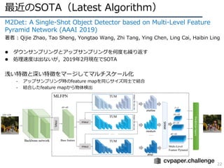 最近のSOTA（Latest Algorithm）
22
M2Det: A Single-Shot Object Detector based on Multi-Level Feature
Pyramid Network (AAAI 2019)
著者 : Qijie Zhao, Tao Sheng, Yongtao Wang, Zhi Tang, Ying Chen, Ling Cai, Haibin Ling
l ダウンサンプリングとアップサンプリングを何度も繰り返す
l 処理速度は出ないが，2019年2⽉現在でSOTA
浅い特徴と深い特徴をマージしてマルチスケール化
- アップサンプリング時のfeature mapを同じサイズ同⼠で結合
- 結合したfeature mapから物体検出
 