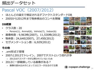 頻出データセット
24
Pascal VOC（2007/2012）
• ほとんどの論⽂で検証されるデファクトスタンダードDB
• 2005から2012年まで物体検出のコンペを開催
DB概要
• クラス数：20
– Person(1)，Animal(6)，Vehicle(7)，Indoor(6)
• 画像枚数：9,963枚(2007)，11,530枚(2012)
• 物体数：24,640(2007)，27,450(2012)
• セグメンテーション数：6,929(2012)
その他
• .xml形式で管理
• 2007と2012でトレイン，2007でテストという流れが多
– 2012はテストデータが公開されていないため
• 2012に⼀部破損している画像がある？
– 画像の読み込み⽅によってはエラーが出るので注意
 