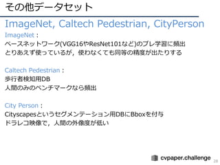その他データセット
28
ImageNet, Caltech Pedestrian, CityPerson
ImageNet：
ベースネットワーク(VGG16やResNet101など)のプレ学習に頻出
とりあえず使っているが，使わなくても同等の精度が出たりする
Caltech Pedestrian：
歩⾏者検知⽤DB
⼈間のみのベンチマークなら頻出
City Person：
Cityscapesというセグメンテーション⽤DBにBboxを付与
ドラレコ映像で，⼈間の外像度が低い
 