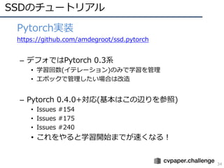 SSDのチュートリアル
34
• Pytorch実装
• https://github.com/amdegroot/ssd.pytorch
– デフォではPytorch 0.3系
• 学習回数(イテレーション)のみで学習を管理
• エポックで管理したい場合は改造
– Pytorch 0.4.0+対応(基本はこの辺りを参照)
• Issues #154
• Issues #175
• Issues #240
• これをやると学習開始までが速くなる！
 