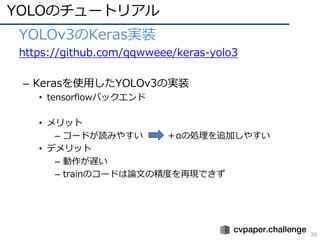 YOLOのチュートリアル
36
• YOLOv3のKeras実装
• https://github.com/qqwweee/keras-yolo3
– Kerasを使⽤したYOLOv3の実装
• tensorflowバックエンド
• メリット
– コードが読みやすい ＋αの処理を追加しやすい
• デメリット
– 動作が遅い
– trainのコードは論⽂の精度を再現できず
 