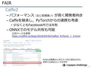 FAIR
51
• Caffe2
– パフォーマンス（主に処理速い）が⾼く開発者向き
– Caffeを継承し，PyTorchからの連携も考慮
• 少なくともFacebook内では共有
– ONNXでのモデル共有も可能
PyTorch開発のリポジトリ内に統合された
⾚枠にCaffe2という⽂字が
公式ページも参照
https://caffe2.ai/blog/2018/05/02/Caffe2_PyTorch_1_0.html
 