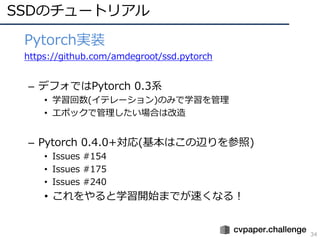 SSDのチュートリアル
34
• Pytorch実装
• https://github.com/amdegroot/ssd.pytorch
– デフォではPytorch 0.3系
• 学習回数(イテレーション)のみで学習を管理
• エポックで管...