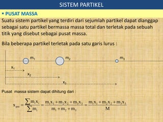 SISTEM PARTIKEL
 PUSAT MASSA
Suatu sistem partikel yang terdiri dari sejumlah partikel dapat dianggap
sebagai satu partikel bermassa massa total dan terletak pada sebuah
titik yang disebut sebagai pusat massa.
Bila beberapa partikel terletak pada satu garis lurus :
M
x
m
x
m
x
m
m
m
m
x
m
x
m
x
m
m
x
m
x 3
3
2
2
1
1
3
2
1
3
3
2
2
1
1
i
i
i
pm











m1 m2 m3
x1
x2
x3
Pusat massa sistem dapat dihitung dari :
 