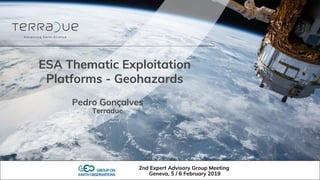 ESA Thematic Exploitation
Platforms - Geohazards
Pedro Gonçalves
Terradue
2nd Expert Advisory Group Meeting
Geneva, 5 / 6 February 2019
 