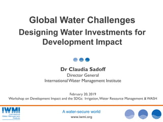 www.iwmi.org
A water-secure world
Global Water Challenges
Designing Water Investments for
Development Impact
Dr Claudia Sadoff
Director General
InternationalWater Management Institute
February 20, 2019
Workshop on Development Impact and the SDGs: Irrigation,Water Resource Management & WASH
 