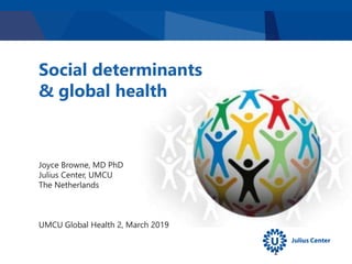 Social determinants
& global health
Joyce Browne, MD PhD
Julius Center, UMCU
The Netherlands
UMCU Global Health 2, March 2019
1
 