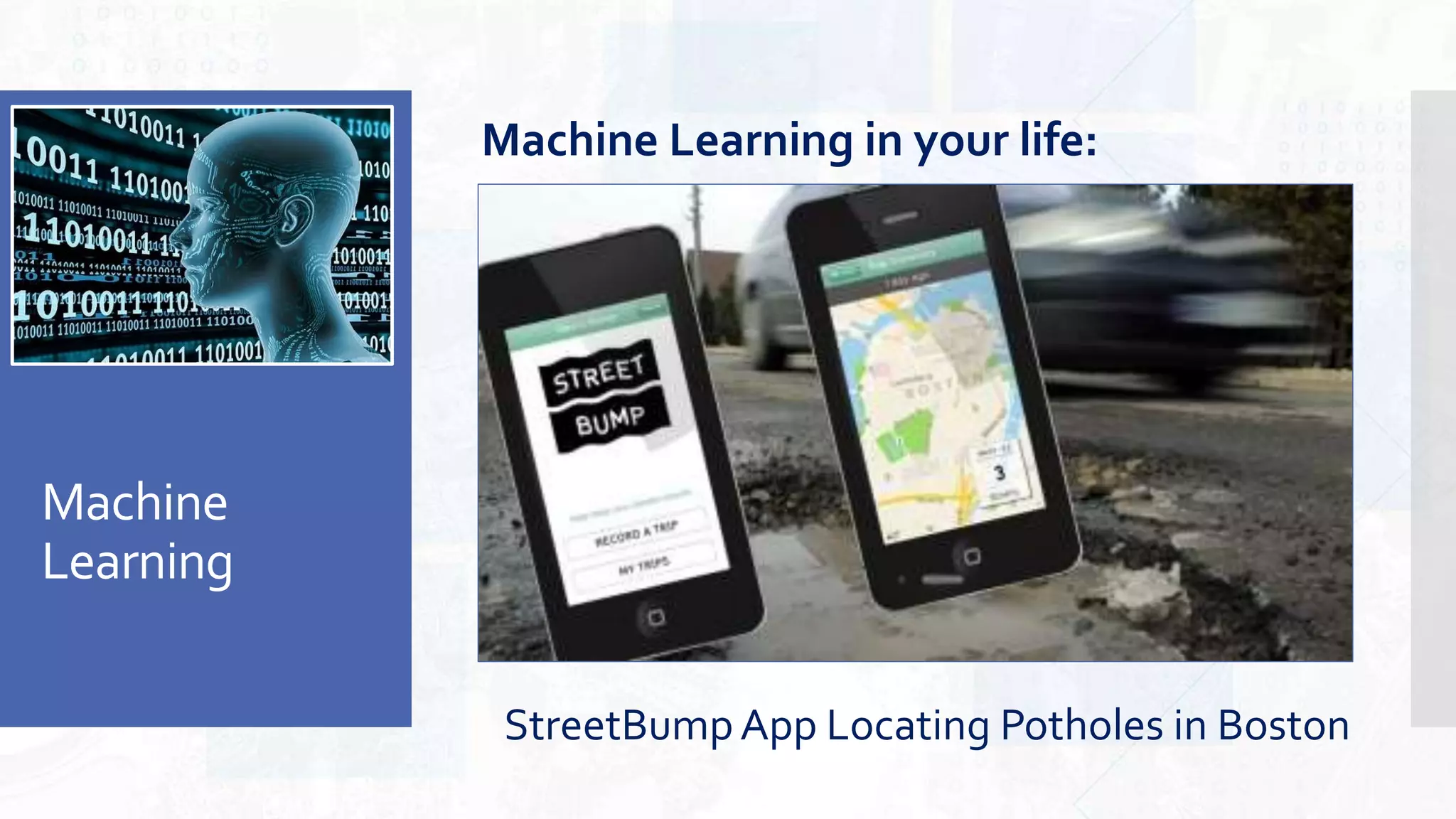 Machine
Learning
StreetBumpApp Locating Potholes in Boston
Machine Learning in your life:
 