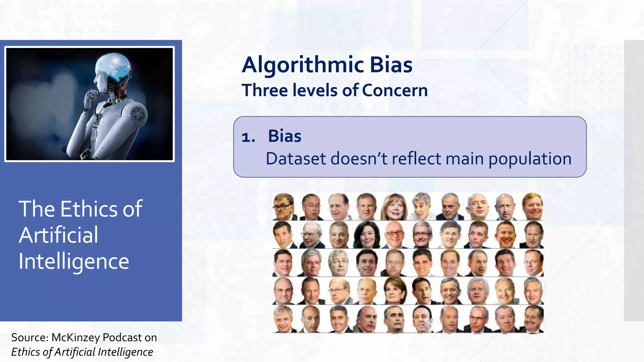 The Ethics of
Artificial
Intelligence
Source: McKinzey Podcast on
Ethics of Artificial Intelligence
1. Bias
Dataset doesn’t reflect main population
Algorithmic Bias
Three levels of Concern
 