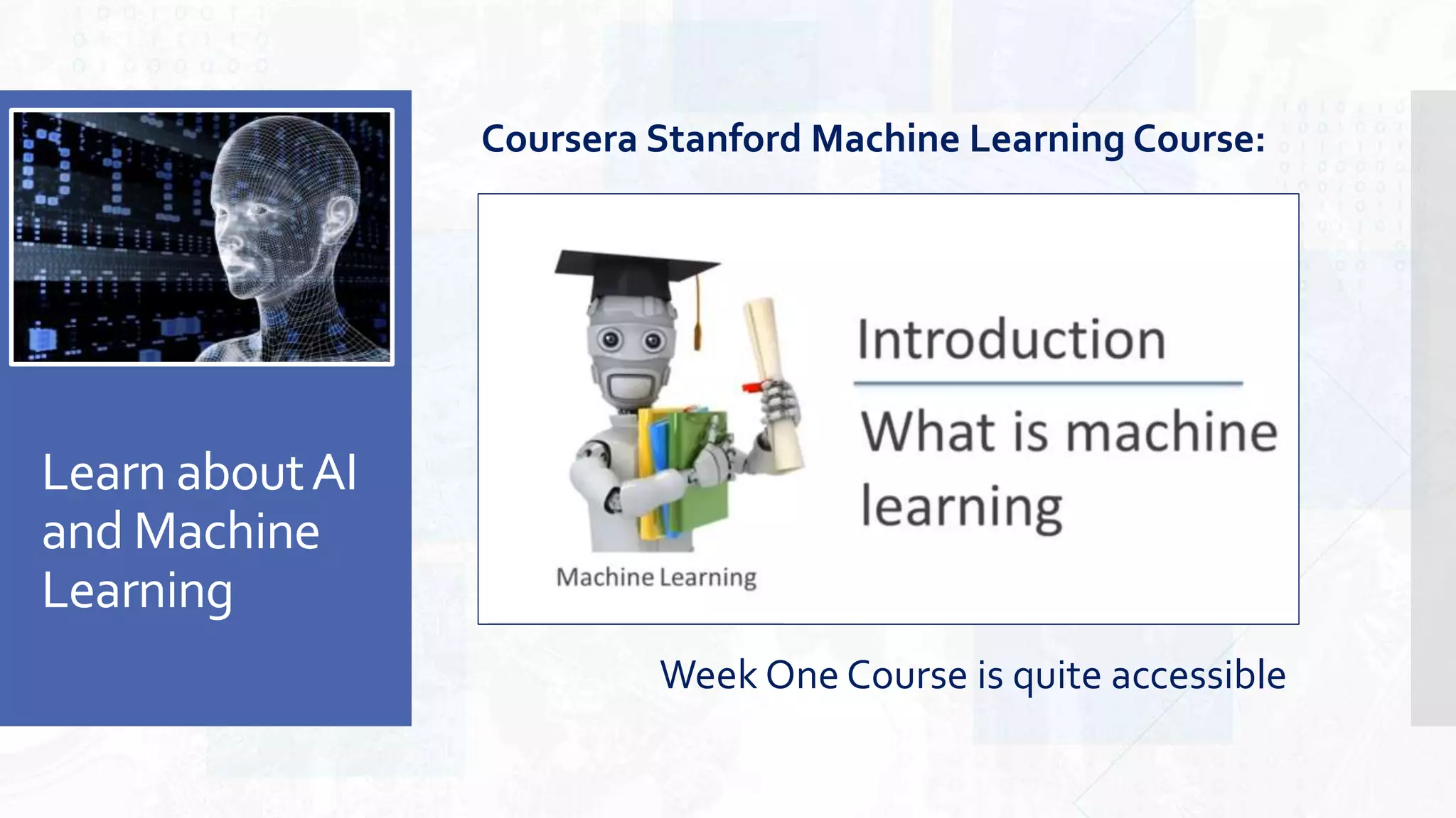 Learn aboutAI
and Machine
Learning
Coursera Stanford Machine Learning Course:
Week One Course is quite accessible
 