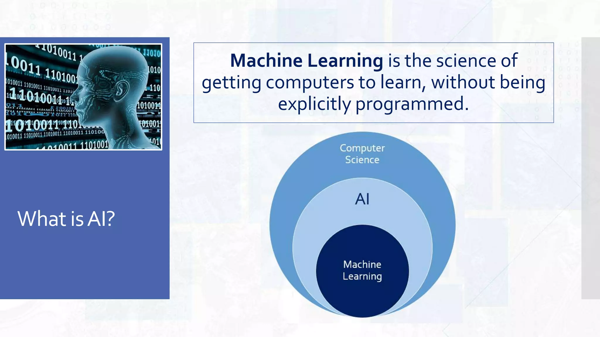 What isAI?
Machine Learning is the science of
getting computers to learn, without being
explicitly programmed.
 