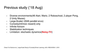 Previous study (‘18 Aug)
- Diverse environments(48 Atari, Mario, 2 Roboschool, 2 player Pong,
2 Unity Mazes)
- Large-Scale(~2048 parallel envs)
- Curiosity(Intrinsic reward) only
- Infinite horizon
- Stabilization techniques
- Limitation: stochastic dynamics(Noisy-TV)
Check Yuri Burda et al., Large-Scale Study of Curiosity-Driven Learning, arXiv:1808.04355v1, 2018
 
