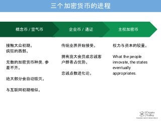 三个加密货币的进程
主权加密币
权力与资本的较量。
What the people
innovate, the states
eventually
appropriates.
概念币 / 空气币
接触大众初期。
疯狂的西部。
无数的加密货币种类，参
差不齐。
绝大部分会自动毁灭。
与互联网初期相似。
企业币 / 通证
传统业界开始接受。
拥有庞大会员或忠诚客
户群者占优势。
忠诚点数进化论。
 