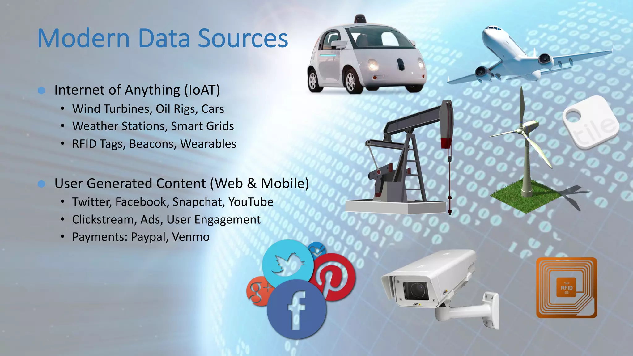 Modern Data Sources Ã Internet of Anything (IoAT) • Wind Turbines, Oil Rigs, Cars • Weather Stations, Smart Grids • RFID Tags, Beacons, Wearables Ã User Generated Content (Web & Mobile) • Twitter, Facebook, Snapchat, YouTube • Clickstream, Ads, User Engagement • Payments: Paypal, Venmo 