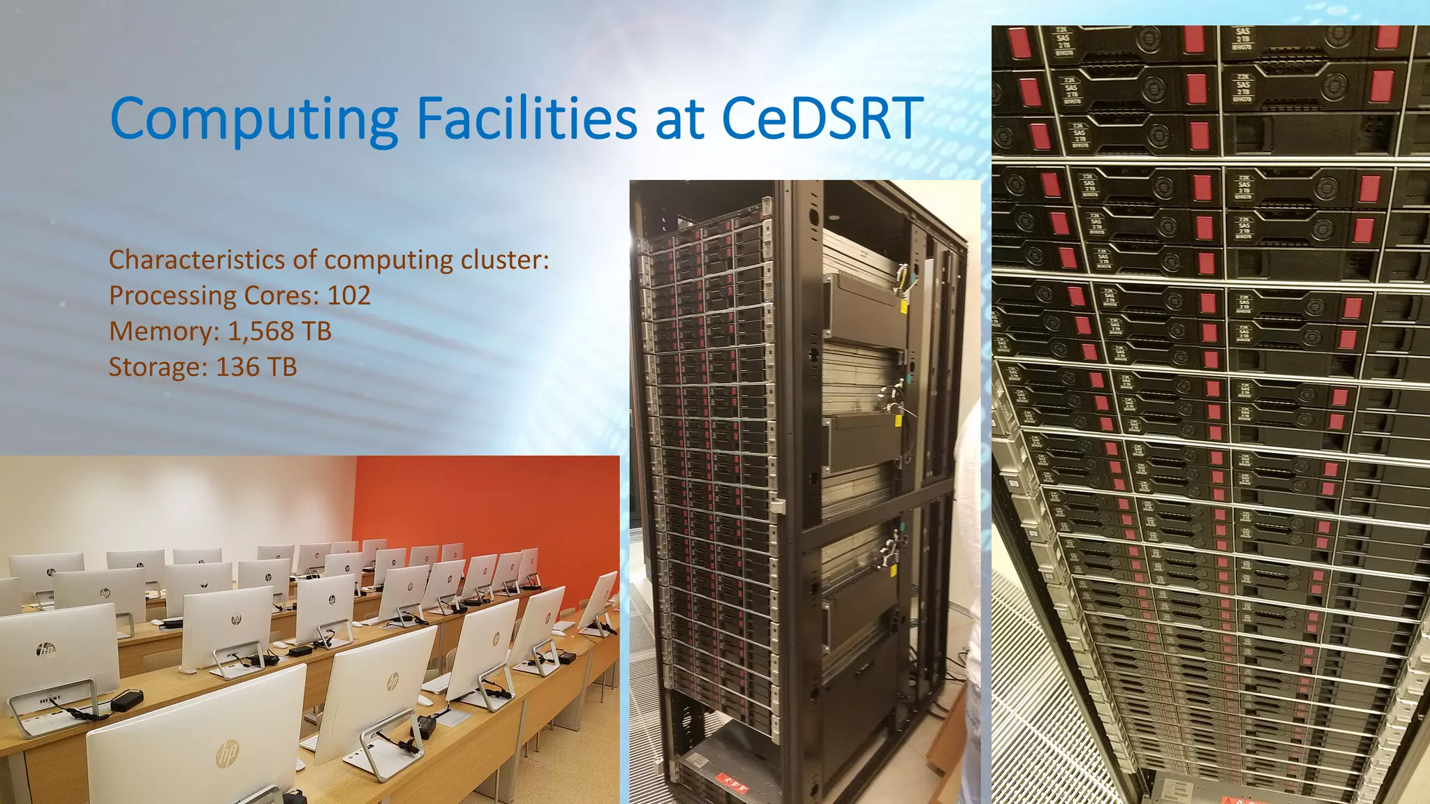 Computing Facilities at CeDSRT Characteristics of computing cluster: Processing Cores: 102 Memory: 1,568 TB Storage: 136 TB 