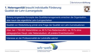 1. Heterogenität braucht individuelle Förderung:
Qualität der Lehr-/Lernangebote
05.04.2019 |Deutscher Weiterbildungsatlas 17
Bislang eingesetzte Konzepte des Qualitätsmanagements erreichen die Organisation,
aber kaum das eigentliche Lehr-/Lerngeschehen
Qualität von Weiterbildung primär eine Frage der Qualität von Lehr-/Lernsituationen
Aber: bei > 700.000 Weiterbildner ca. 60 % Frei-/Nebenberuflich, ca. 70 % ohne
pädagogisches Haupt- oder Nebenstudium, oft prekäre Erwerbssituation
Interesse an der Professionalität der Lehrkräfte wächst
 