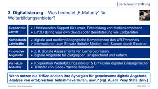 3. Digitalisierung – Was bedeutet „E-Maturity“ für
Weiterbildungsanbieter?
05.04.2019 |Deutscher Weiterbildungsatlas 19
Kompetente
Lehrkräfte
Vernetzte
Anbieter
Innovative
Angebote
Support für
Lerner
 Umfassenden Support für Lerner, Entwicklung von Medienkompetenz
 BYOD (Bring your own device) oder Bereitstellung von Endgeräten
 digitale und medienpädagogische Kompetenzen des WB-Personals
 Informationen zum Einsatz digitaler Medien, ggf. Support durch Experten
 Kooperation Weiterbildungsanbieter & Entwickler digitaler Bildungsmedien
 Transfer von Good-Practice Beispielen
 z. B. digitale Assessments von Lernergebnissen
 digitale Angebote für Zielgruppen, ansprechend und einfach
Wann nutzen die VHSen endlich ihre Synergien für gemeinsame digitale Angebote,
Analyse von erfolgreichen Teilnahmeverläufen, usw.? (vgl. Austin Peay State Univ.)
 