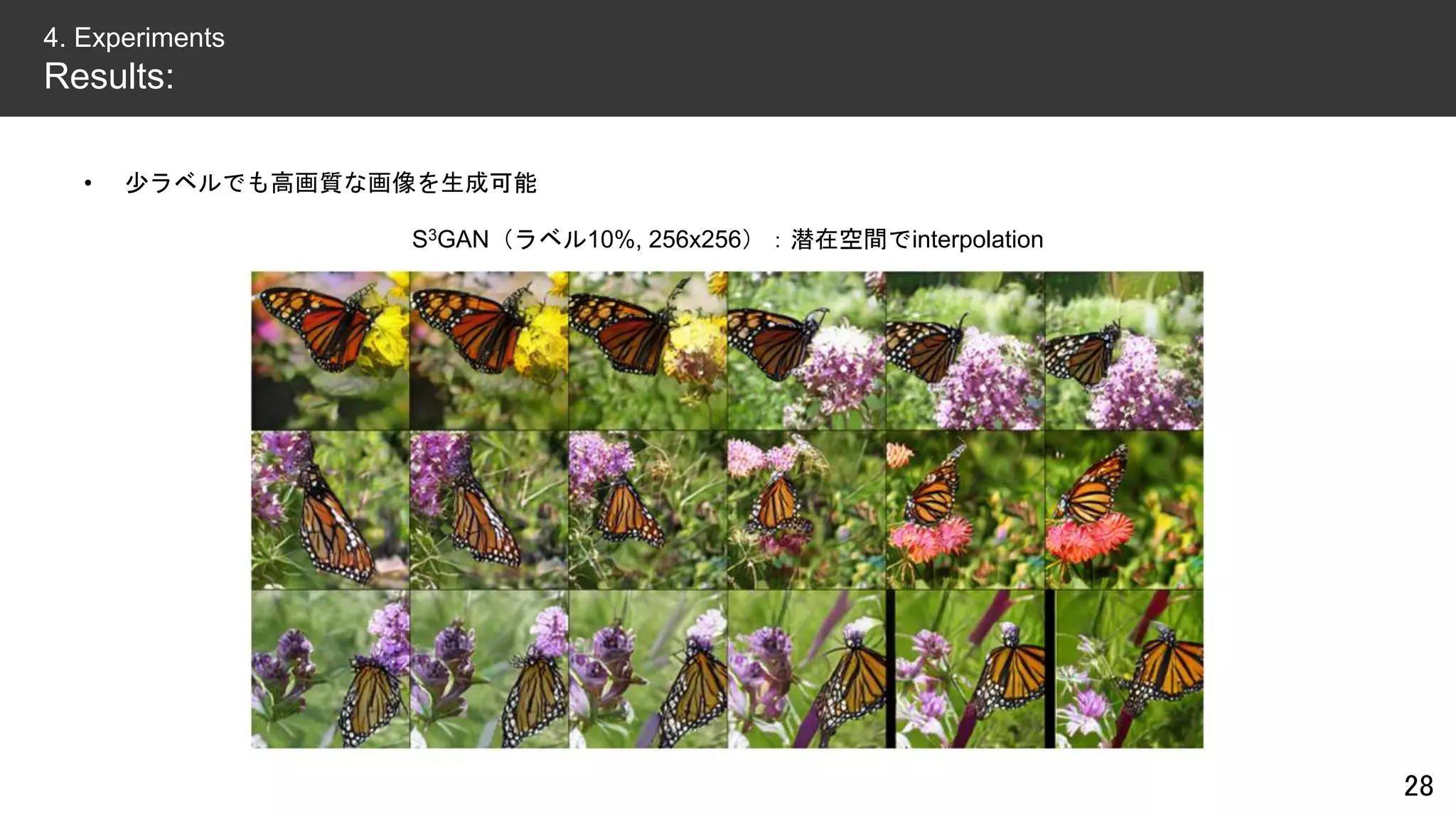 • 少ラベルでも高画質な画像を生成可能
28
4. Experiments
Results:
S3GAN（ラベル10%, 256x256）：潜在空間でinterpolation
 
